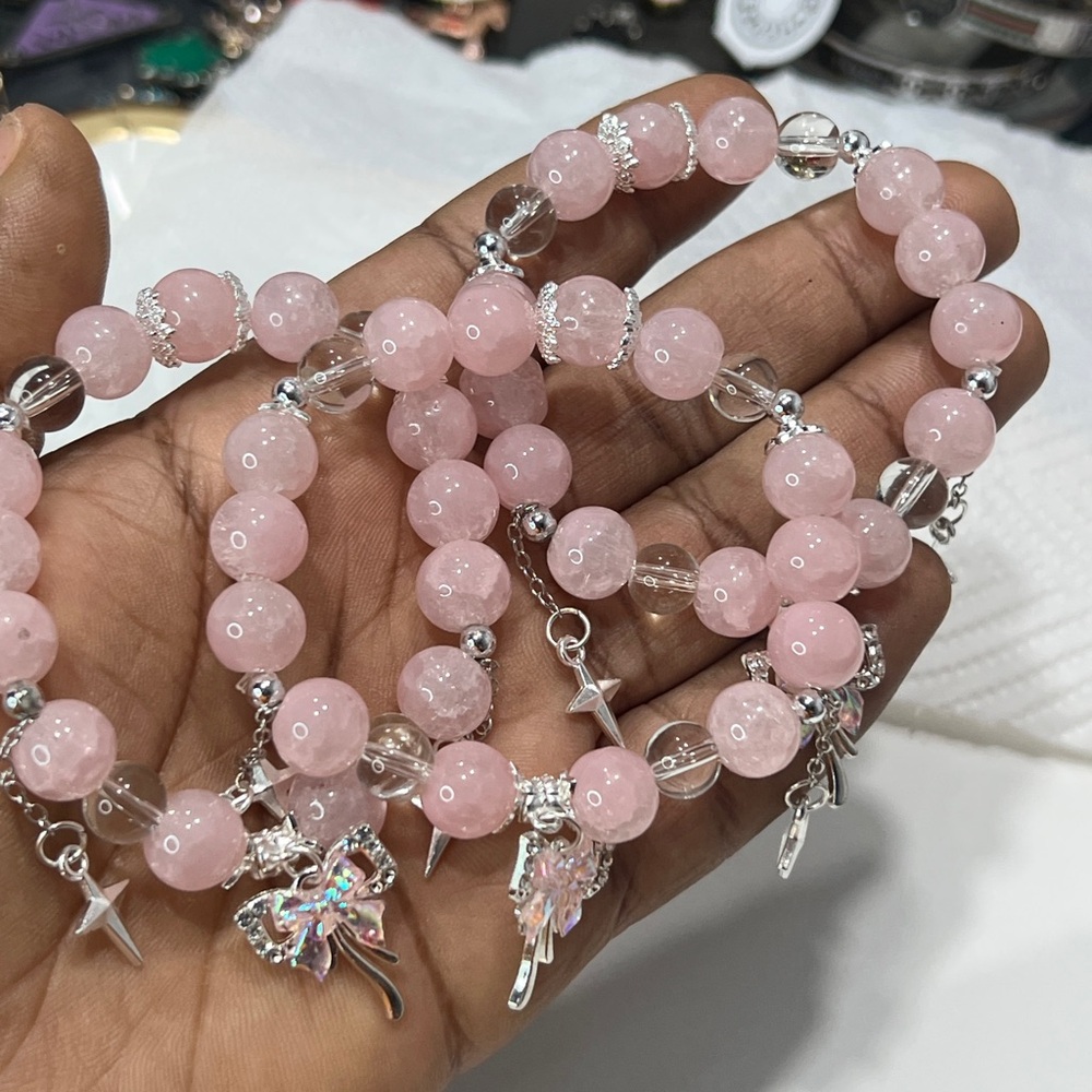 3 Pink glass Beaded stretch bracelets with Charms